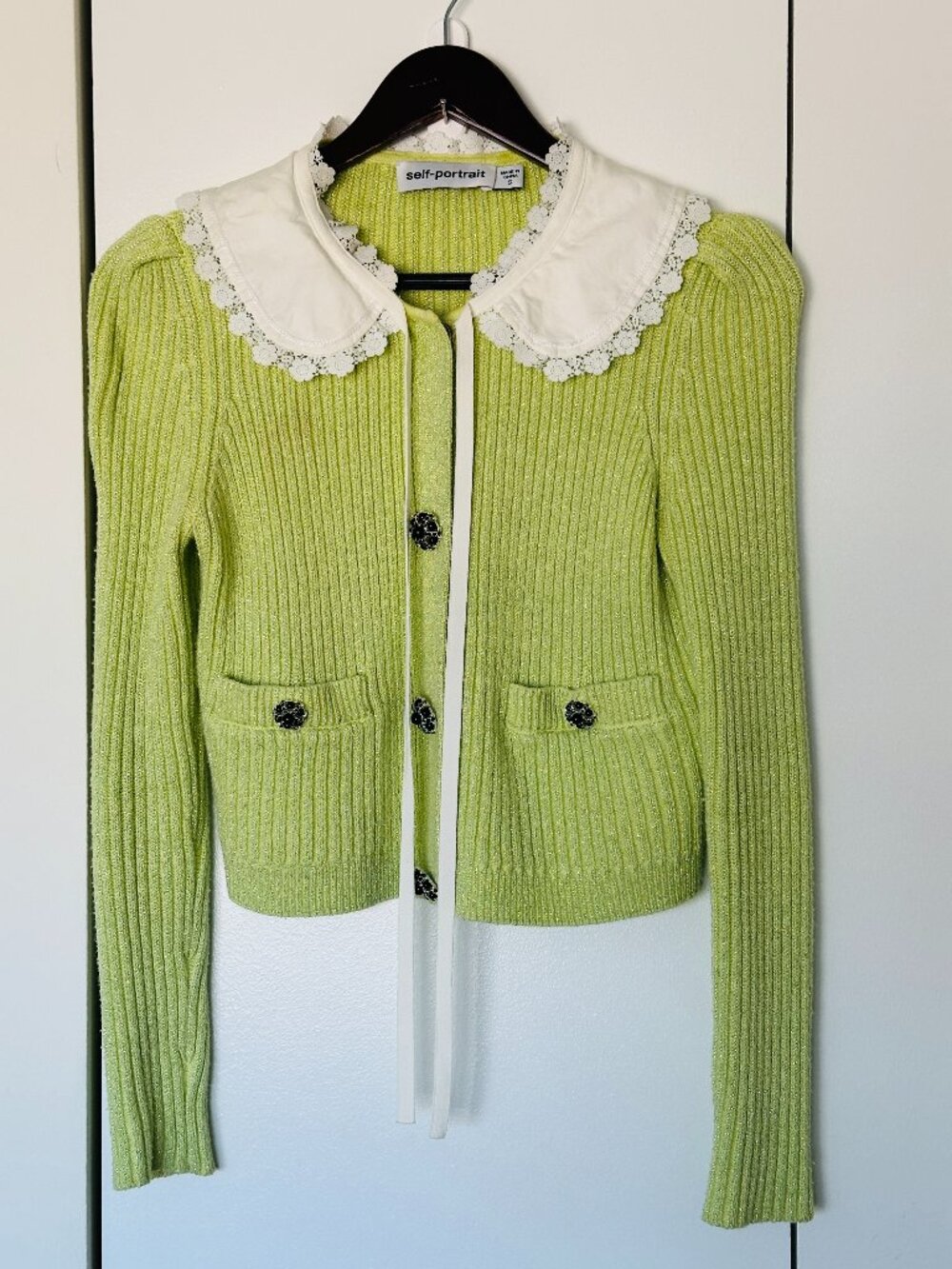 Self-Portrait Shimmering Lime Green Lurex Knit Cardigan - Size S